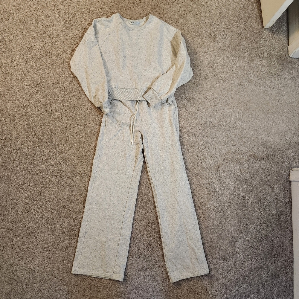 FLX Light Gray Sweat Set Cropped Top Wide Leg XS